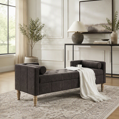 64.6" Brown Chenille Storage Bench, with Bolster Arms, Whitewashed Solid Wood Legs for Living Room Bedroom Entryway