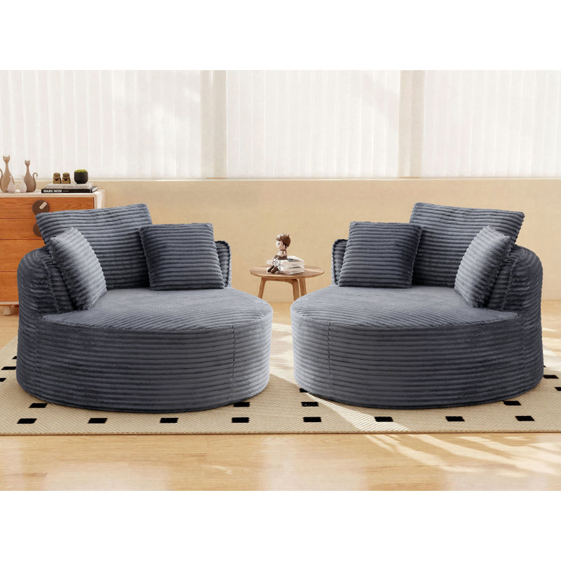 2 Pieces - 53" Oversized Round Accent Chair – Plush Corduroy Upholstery Compression Chaise Longue Chair Indoor, Gray