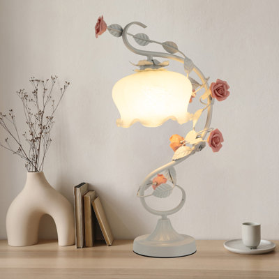 20" Ceramic Rose Table Lamp, Glass Floral Shade Bedside Nightstand Light With Switch White/Pink