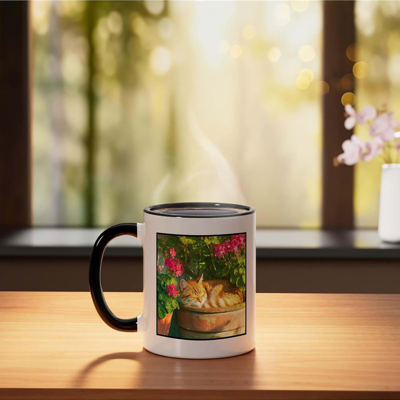 Sleeping Orange Cat In Flower Pot Garden Ceramic Mug, 11oz