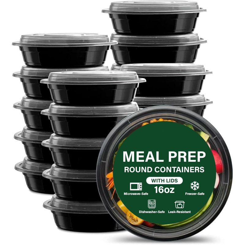 16oz Roud Black Base Meal Prep Takeaway Container Pack of 30