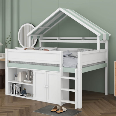 Lit mezzanine double avec toit à baldaquin, armoire de rangement et tablettes, maisonnette de jeu, structure en bois massif pour les adolescents