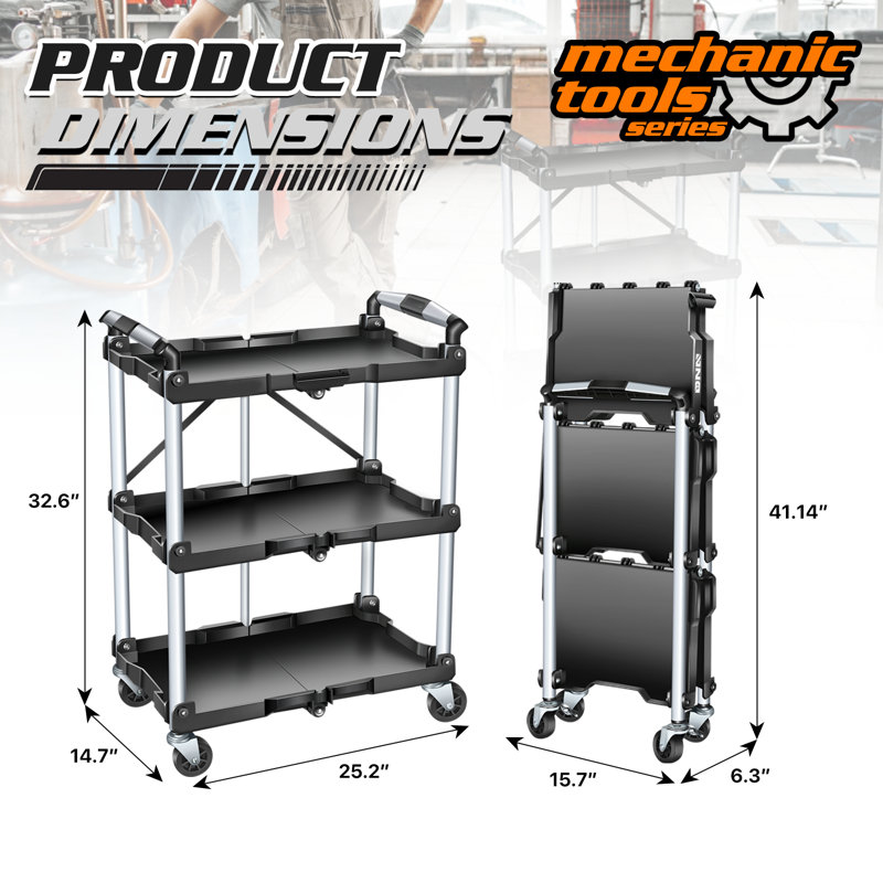 3-Tier Collapsible Service Cart, 265Lbs Foldable Utility Service Cart Portable Tool Cart With Wheels