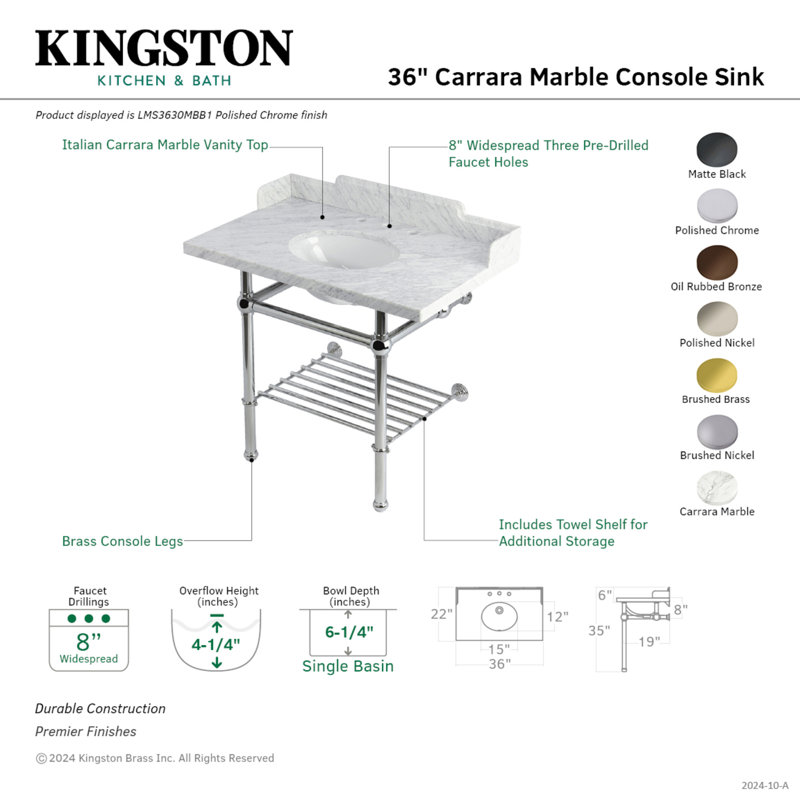 Kingston Brass Pemberton 36-Inch Carrara Marble Console Sink with Brass Legs and Shelf (8-Inch, 3-Hole)