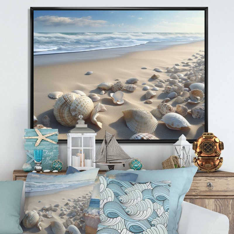 Seaside Seashell Treasures VI - Imprimé, H 24 po x l 32 po x P 1 po, Cadre flottant noir