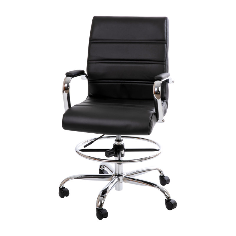 Mid-Back LeatherSoft Drafting Chair with Adjustable Foot Ring and Chrome Base, Black