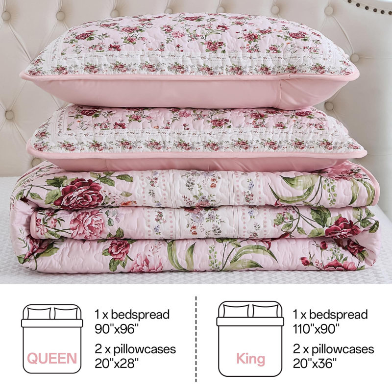3-Piece Antique Rose Floral Quilt Set Lightweight Soft Microfiber Coverlet with Pillowcases for All Seasons, Pink