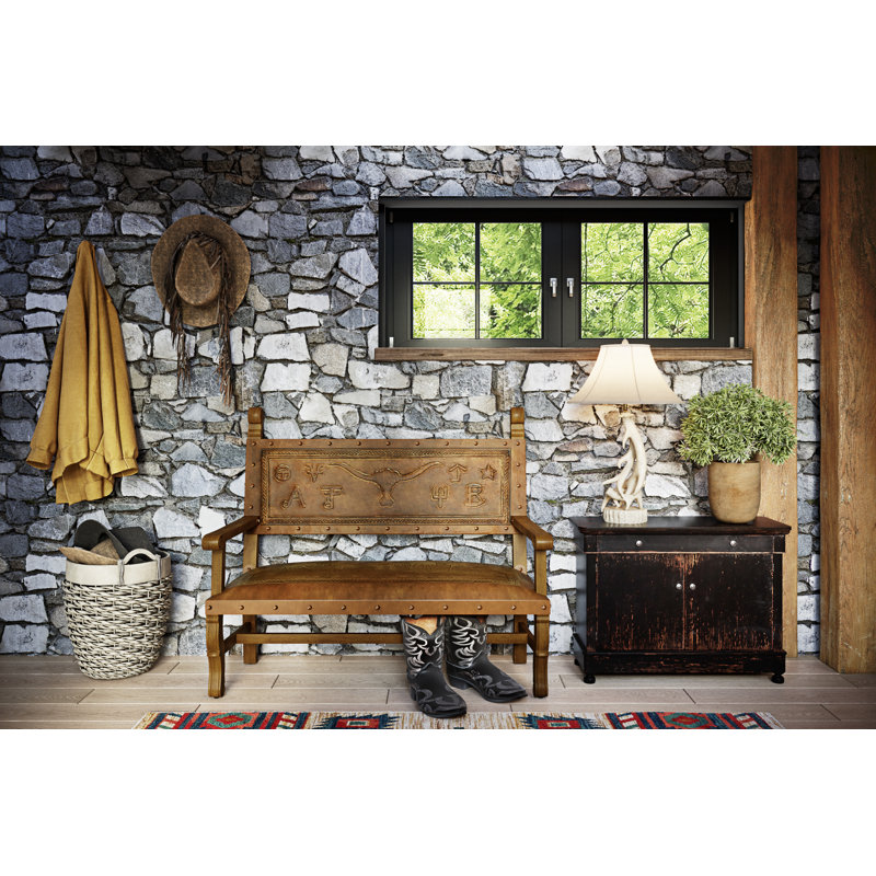 Spanish Leather Bench, Western Rustic/Geometric, 44" H x 50" W x 25" D