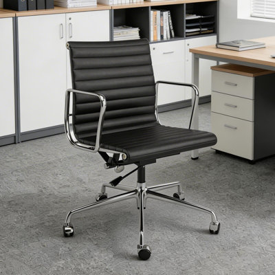 Mid Back Genuine Leather Office Chair With Arm And Aluminum Frame, Computer Desk Chair