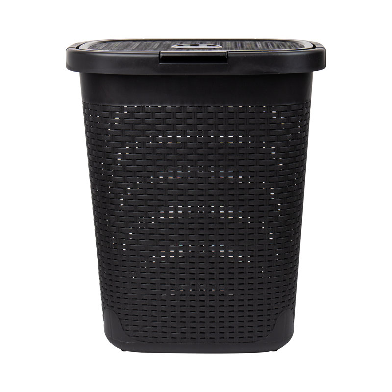  50L Slim Laundry Hamper, Clothes Basket, Lid, Wicker Design, Plastic, Black, 21" H x 17.65" W x 13.75" D