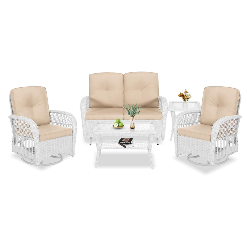 Winston Porter 5-piece Outdoor Patio White Wicker Conversation Sets, All Weather Outdoor Rattan Furniture Set Includes Glider Loveseat, 2 Coffee Table, 2 Swivel-gliders Chairs With Cushions