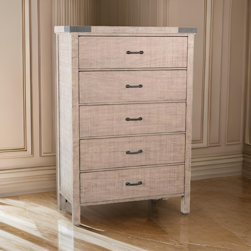 Commode haute à 5 tiroirs Desy, bois d'acajou brun clair