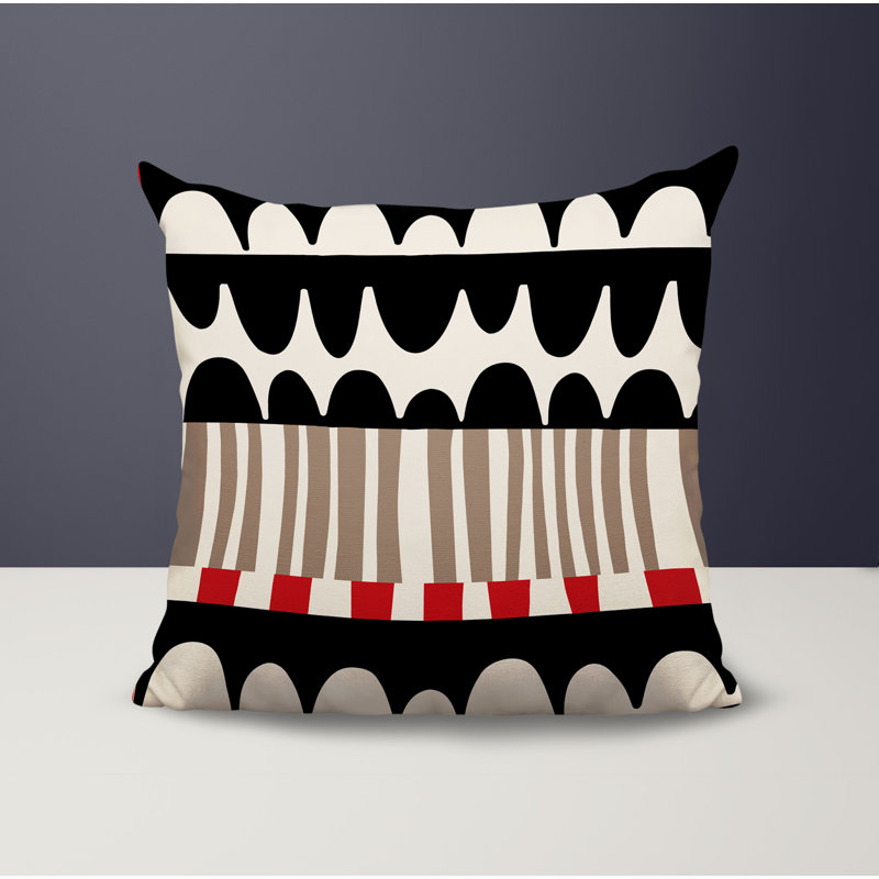 Coussin carré intérieur / extérieur Rami, Rouge / noir / blanc cassé abstrait, H 15 po x l 15 po