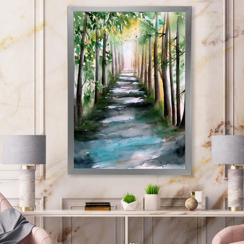 Une allée de forêt ensoleillée avec des ombres d'arbre - peinture sur toile, H 20 po x l 12 po