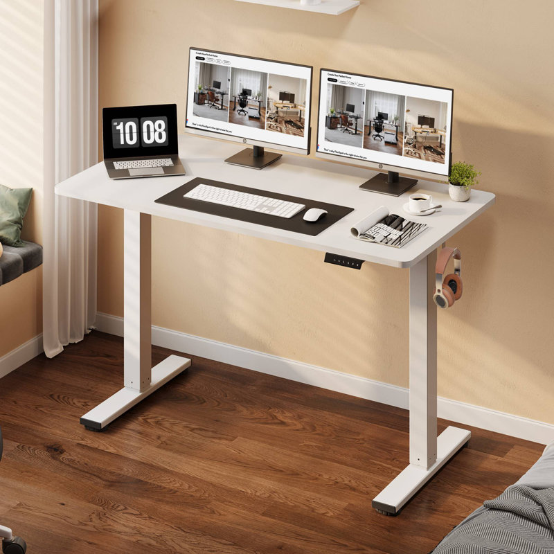 Ergonomic Home Office Height Adjustable Standing Desk Whole-Piece Desktop with Hooks, 46.5" H x 47.3" W x 23.6" D, White