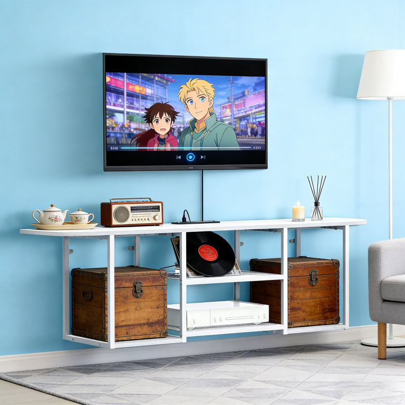 Meuble télé flottant avec prise de courant, tablette multimédia blanche pour rangement sous la télé