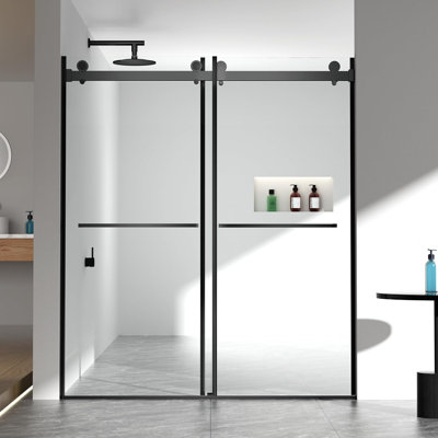 Portes de douche sans cadre l 56 à 60 po x H 70 po, double porte coulissante en verre avec verre trempé stratifié transparent Sgcc 5/16 po (8 mm), système de fermeture en douceur et anti-saut, acier inoxydable, aluminium, noir mat