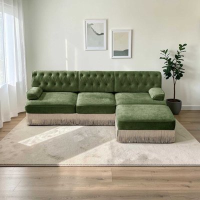 Wilroy 106"W Soft Velvet Modular 3-Seater sofa with 1 Ottoman, Button Tufted Design, Floor-grazing Tassel Fringe Skirt