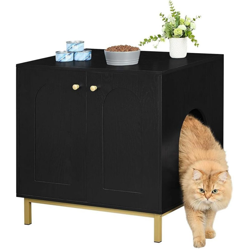 Black and Gold Wooden Cat Litter Box Enclosure with Metal Frame