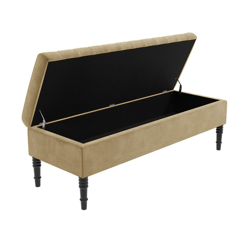 Safar Striped Ottoman Storage Bench – Upholstery Naples Shoe Bench with Black Turned Wooden Legs, Beige