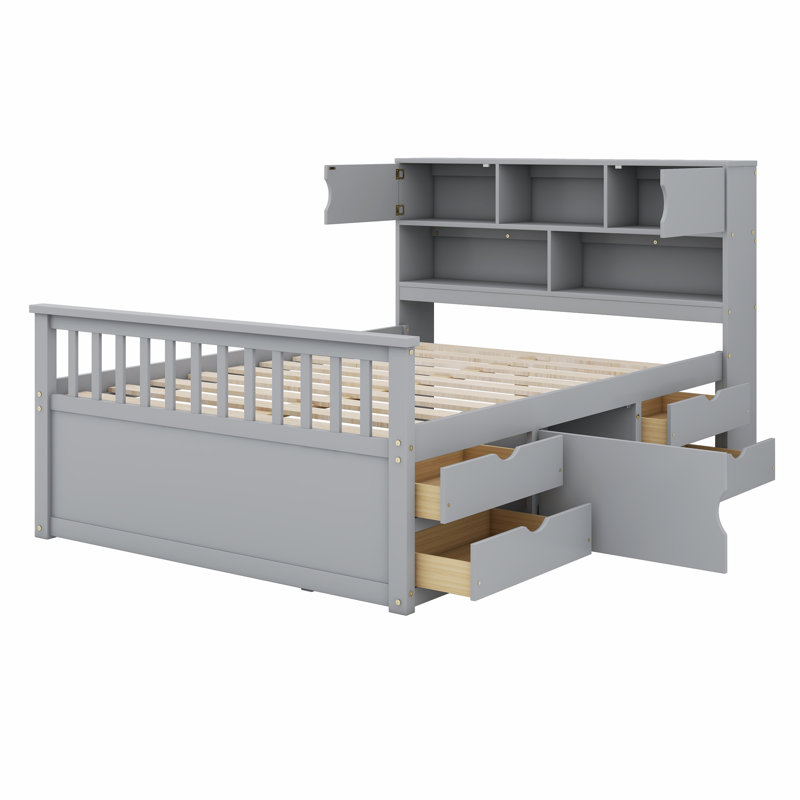 Structure de lit plateforme avec bibliothèques et tablettes de rangement, quatre tiroirs, Gris