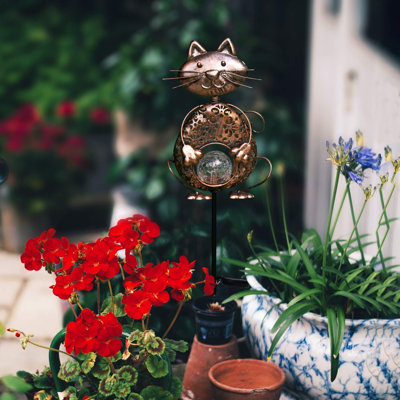 Garden Solar Lights Metal Cat Crackle Glass Globe Stake Lights