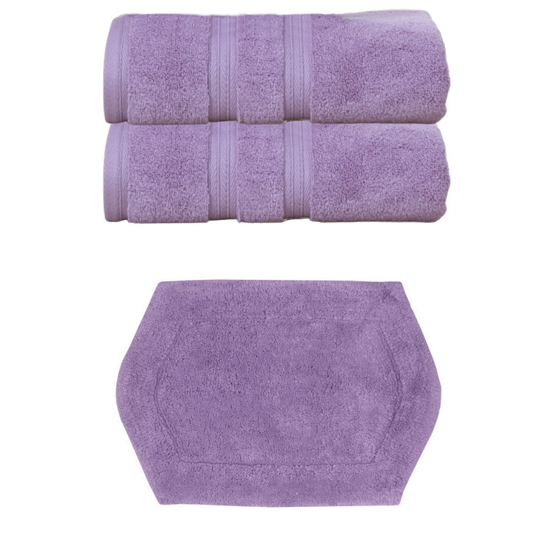Bryd Collection 100% Soft Cotton 2 Pc Bath Towel Set & 1 Pc 17x24" Bath Rug, (Set of 3), Purple