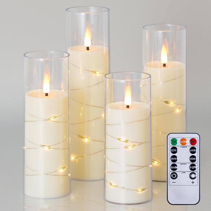 Flameless Flickering Clear Plastic Candles With 11-Key Remote And Timer, Built-In Star String Lights Battery Operated LED Candles, Pack Of 4 (2.2" X5" 6" 7" 8", Black)