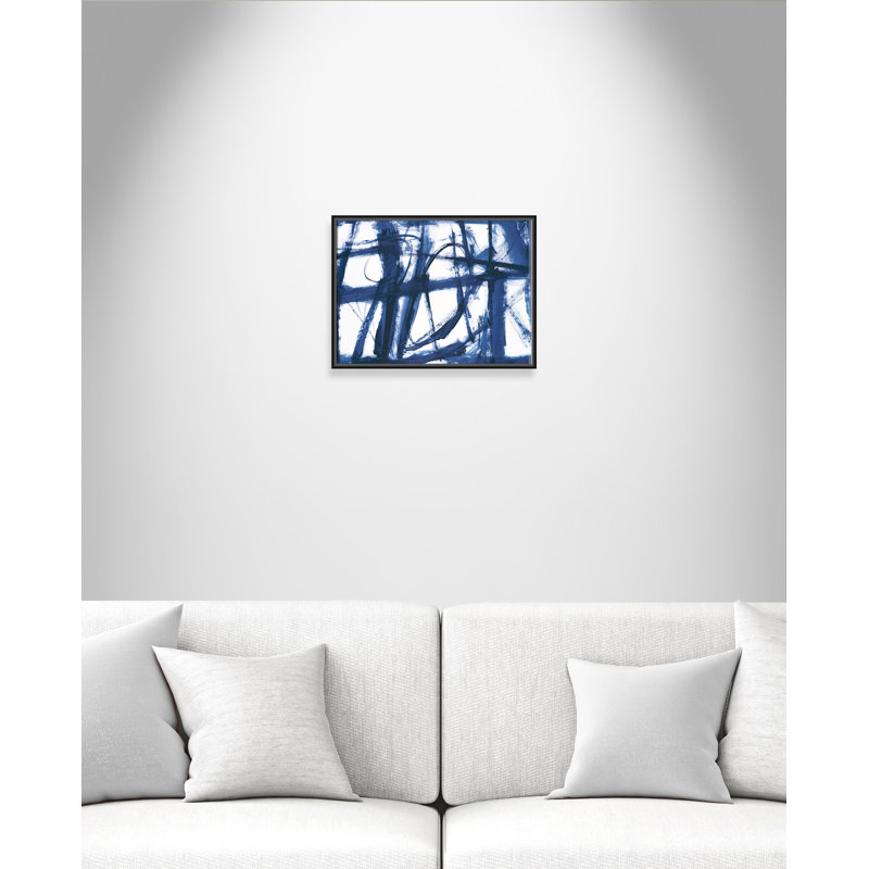 Ludique indigo-floater, peinture sur toile, Cadre noir, H 18 po x l 24 po x P 2 po