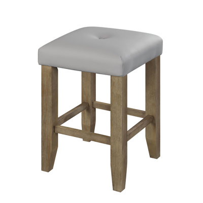 Tabouret à hauteur de comptoir de 2 en cuir synthétique gris et finition chêne, coussin de siège rembourré à boutons, base de rangement, pieds fuselés, épaisseur de coussin de 60 mm, densité de mousse D22, capacité de poids de 100 lb, 16 po