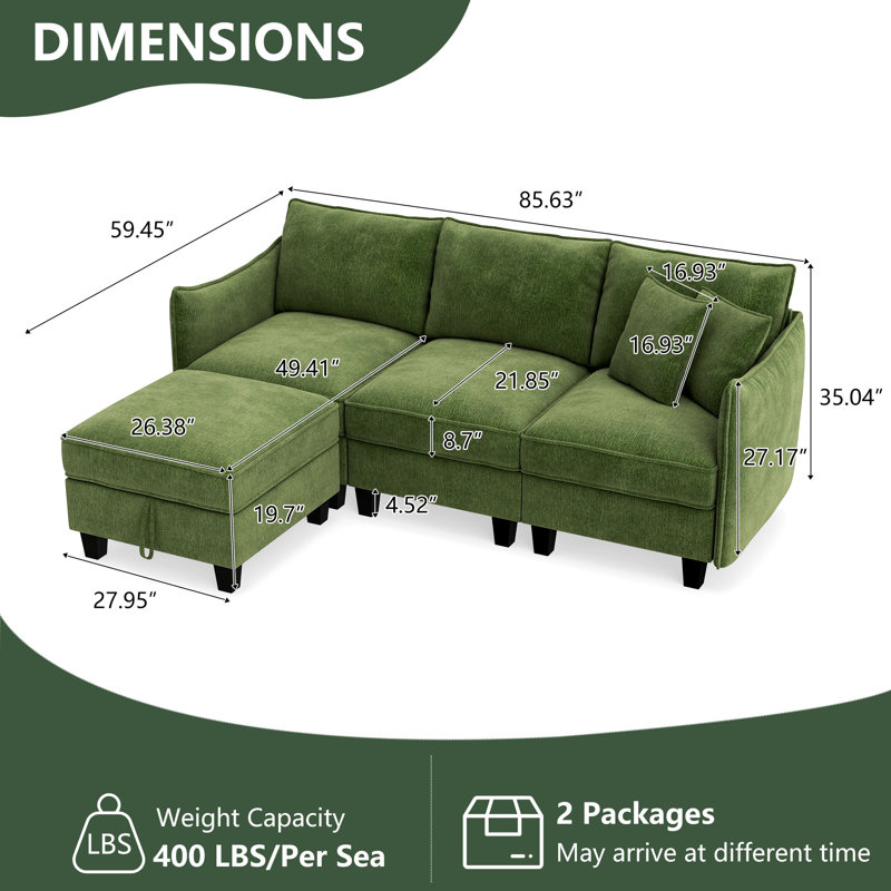 Esai 85.6" Modern 4 Seat Upholstered Chenille L Shaped Sectional Sofa with Storage Ottoman, Green
