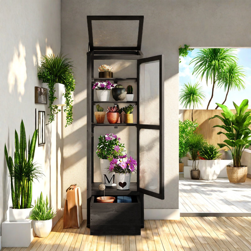 Black Fir Wood Garden Greenhouse with Adjustable Shelves and Storage Box