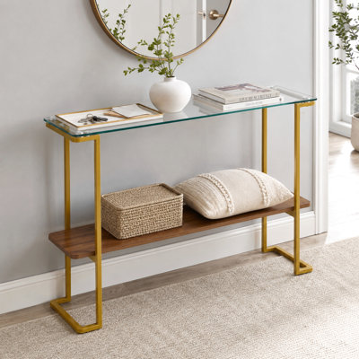 Console en verre pour salon, vestibule et entrée, canapé de style Mid-Century moderne à 2 niveaux avec plateau en verre, plateau en finition et structure en métal au fini