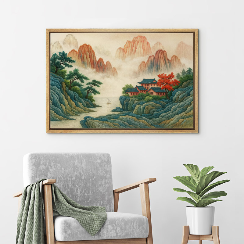 «Asian Mountain Village Lakeside Landscape Art», reproduction d'art sur toile encadrée dans la chambre principale, Naturel