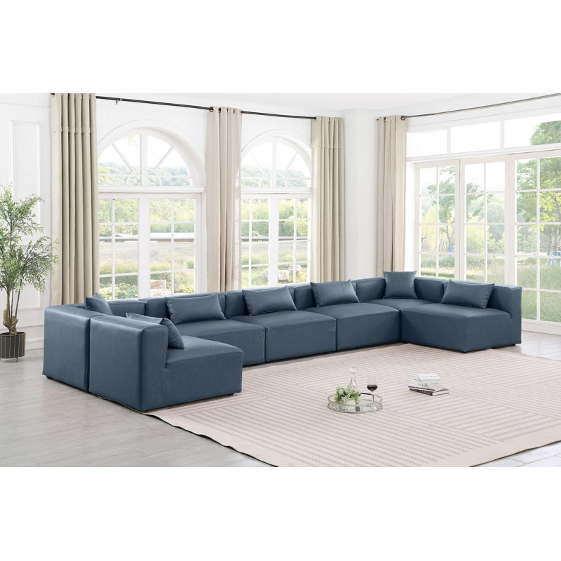 Canapé modulaire en similicuir de 7 pièces Houswerth, Cuir végétalien bleu marine