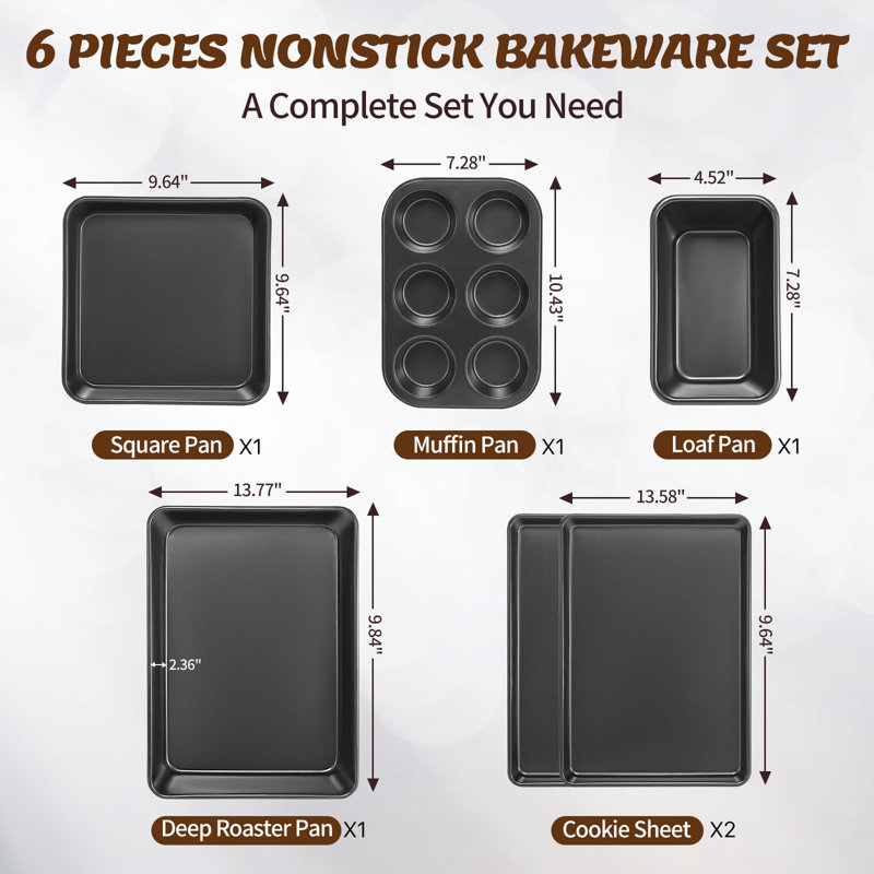 Ensemble de moules à pâtisserie, moules antiadhésifs, plats à four, ensemble de 6 pièces comprenant une plaque à biscuits, un plat à rôtir profond, un moule carré, un moule à pain, un moule à muffins, ensemble de pâtisserie en acier au carbone (gris)
