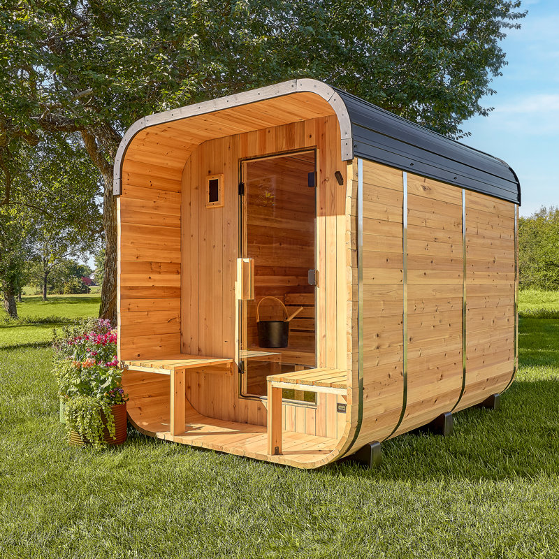 Backyard Discovery Lennon 4-6 Person Traditional Cedar Outdoor Cube Sauna with Porch,  9kW Electric Heater, Wi-Fi Control, LED Lights