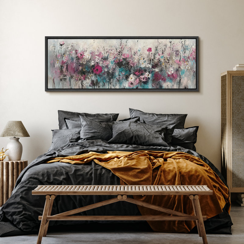 Impression abstraite sur toile abstraite à motif floral botanique, H 20 po x l 60 po, Noir, noir, noir, noir