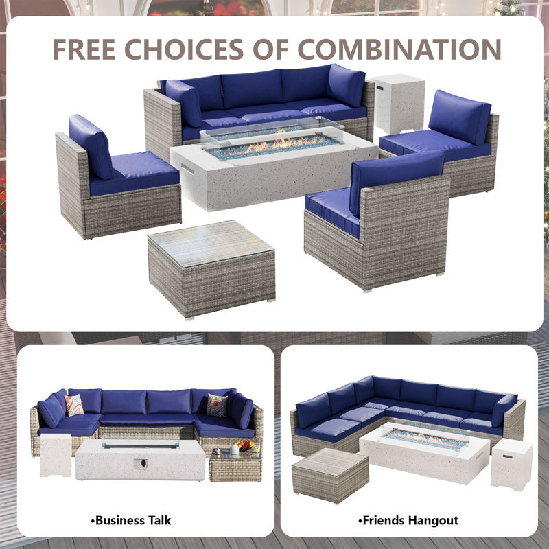 Ensemble de conversation modulaire 9 pièces avec coussins et table foyer, Bleu marine / gris