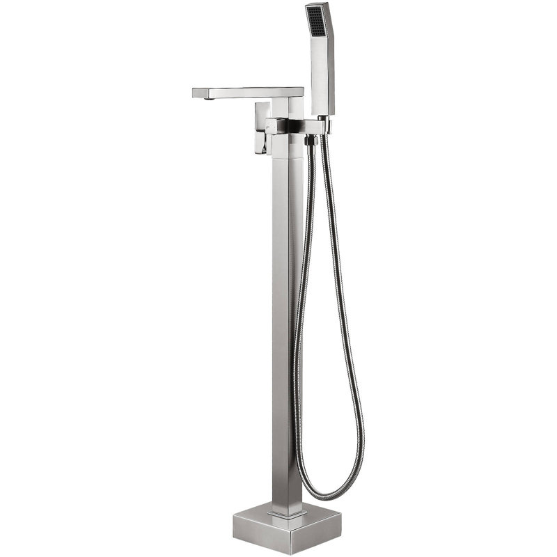 Robinet de baignoire autoportant à fixation au sol avec poignée simple et douche à main, Nickel brossé