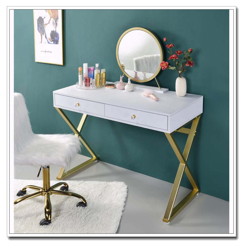 Bureau de coiffeuse rectangulaire avec miroir et plateau à bijoux, blanc et doré