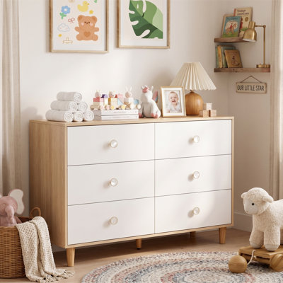 Commode pour bébé pour chambre de bébé, enfant et chambre à coucher - Commode en bois à 6 tiroirs avec pieds en bois massif, rangement pour vêtements et articles essentiels pour bébé