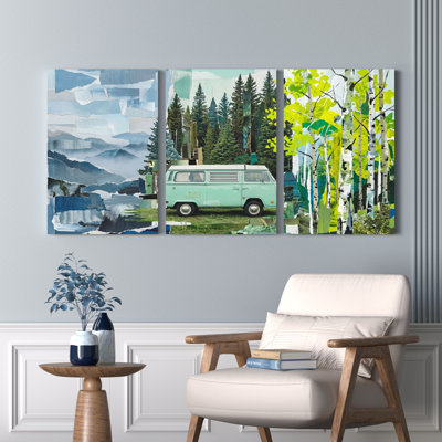 «Vintage Van Forest Landscape», ensemble de 3 reproductions d'art sur toile tendues sur toile pour salon, chambre à coucher, décor à la maison