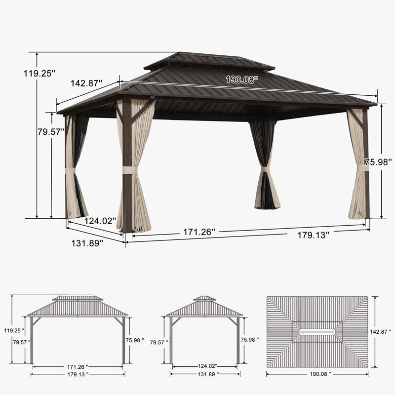 Aluminum Patio Hardtop Bronze Gazebo with Privacy Curtain and Mosquito Netting, 120.15'' H x 190.15'' W x 142.9'' D