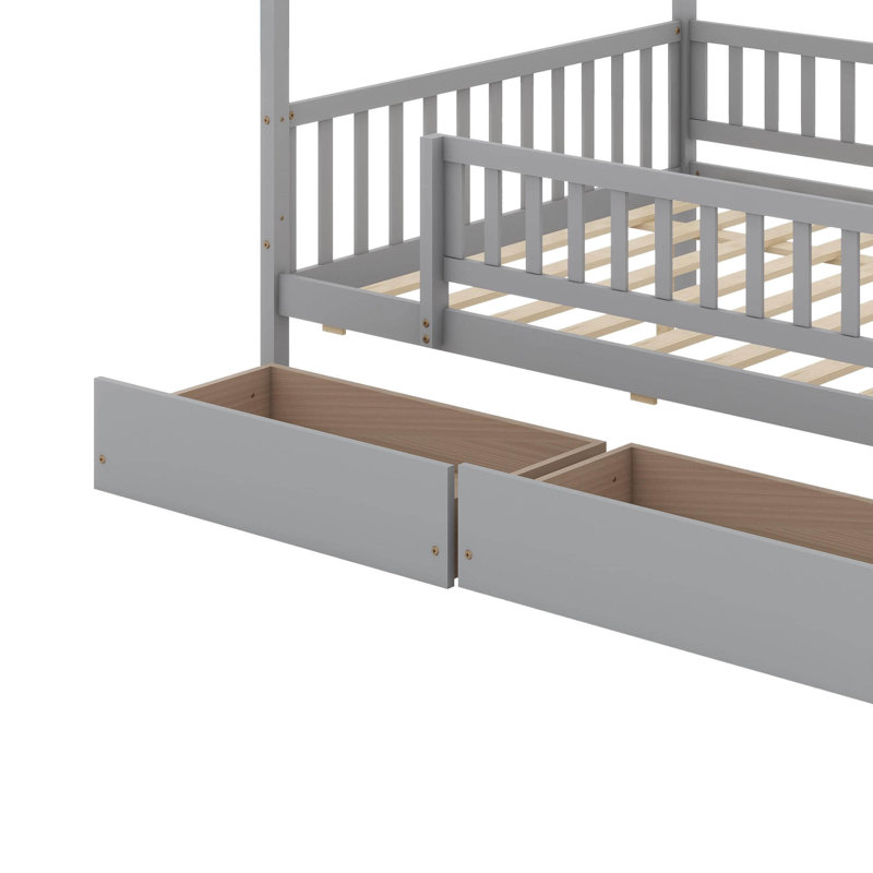 Full Size Wooden House Bed With Drawers, Gris
