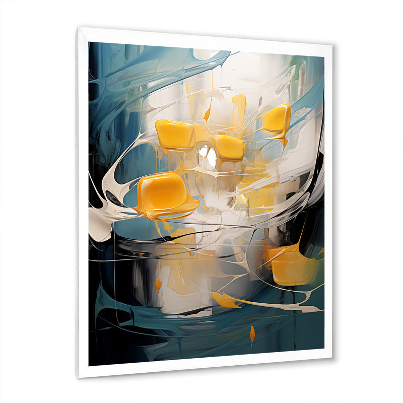 Sudden Happiness abstrait bleu sarcelle et jaune - peinture abstraite, impressions d'art mural, H 44 po x l 34 po x P 1,5 po