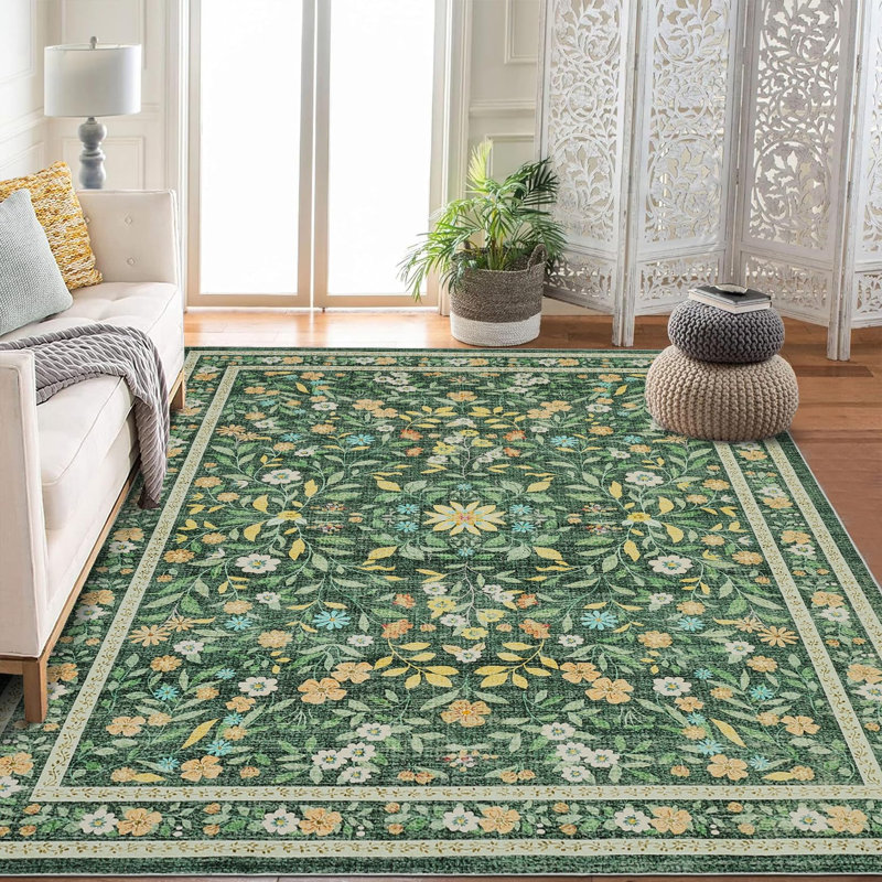 Floral Area Rugs for Living Room Washable Rug Non Slip Ultra Thin Boho Flower Indoor Floor Carpet for Girls Room Nursery Playroom Green 8*10Ft