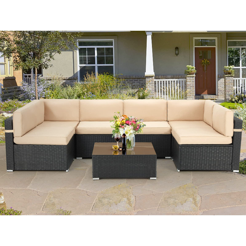 Wicker 6 - Person Garden Lounge Set with Cushions, Beige
