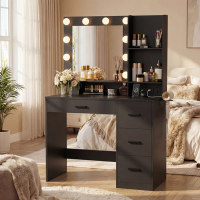 Vanity Desk With Lighted Mirror, Built-In Power Outlet And Multiple Drawers