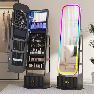 22"W Jewelry Armoire with Full Mirror, RGB Lights, Swivel Base
